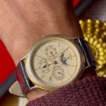 vintage titan moonphase triple calendar watch gold dial
