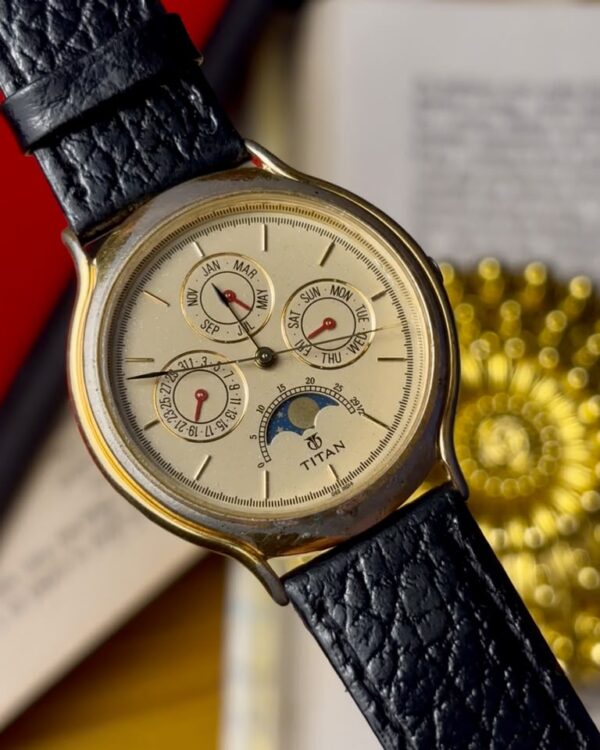 Vintage Titan Moonphase Triple Calendar Watch – Gold Dial