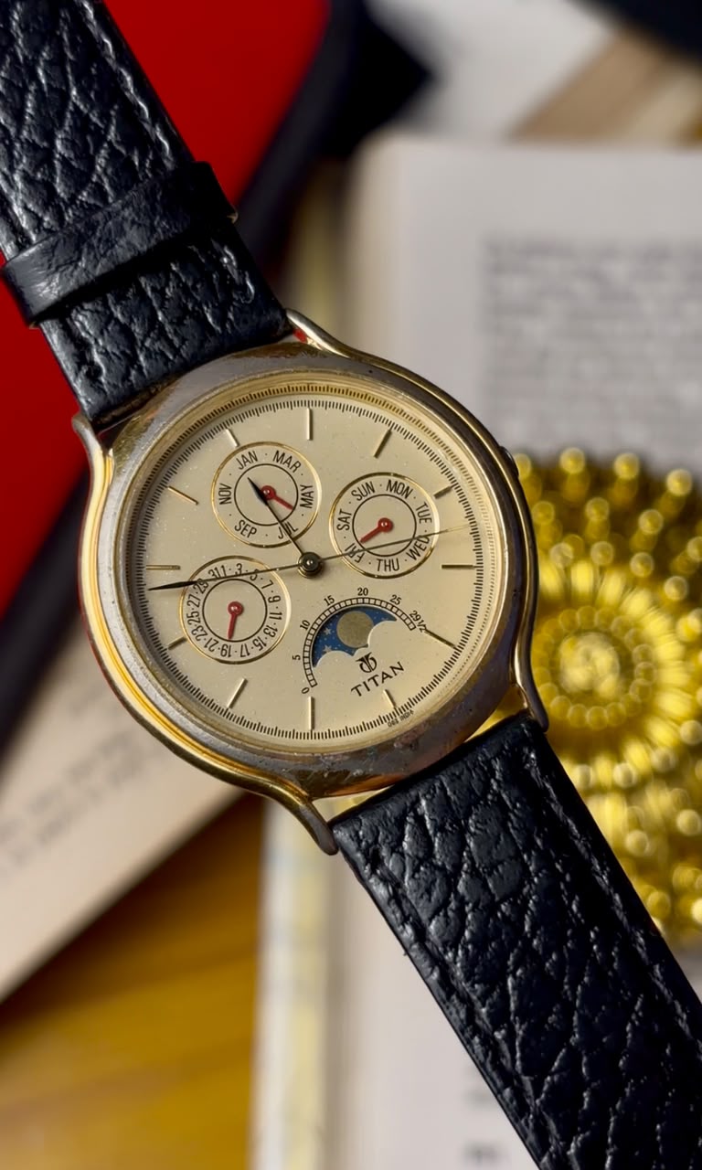 Vintage Titan Moonphase Triple Calendar Watch – Gold Dial